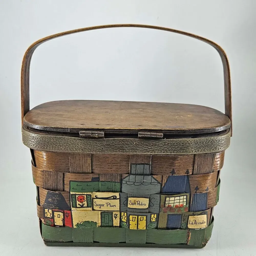 Artist Signed Woven Fabric Lining Basket by Caro Nan Hand painted Vintage - Picture 3 of 8